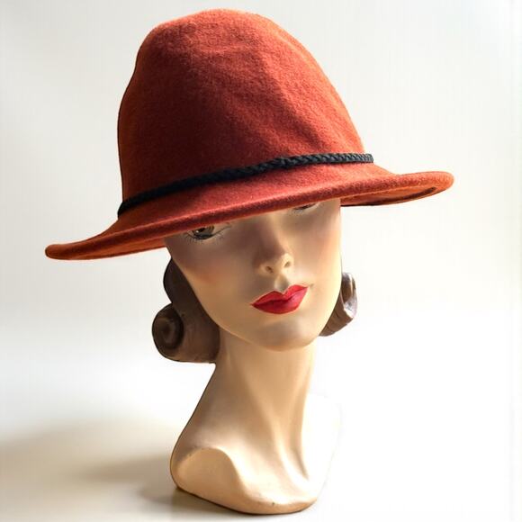 Rust Burnt Orange 100% Wool Fedora Hat Black Braided Band Target Boho Fall - Picture 4 of 7